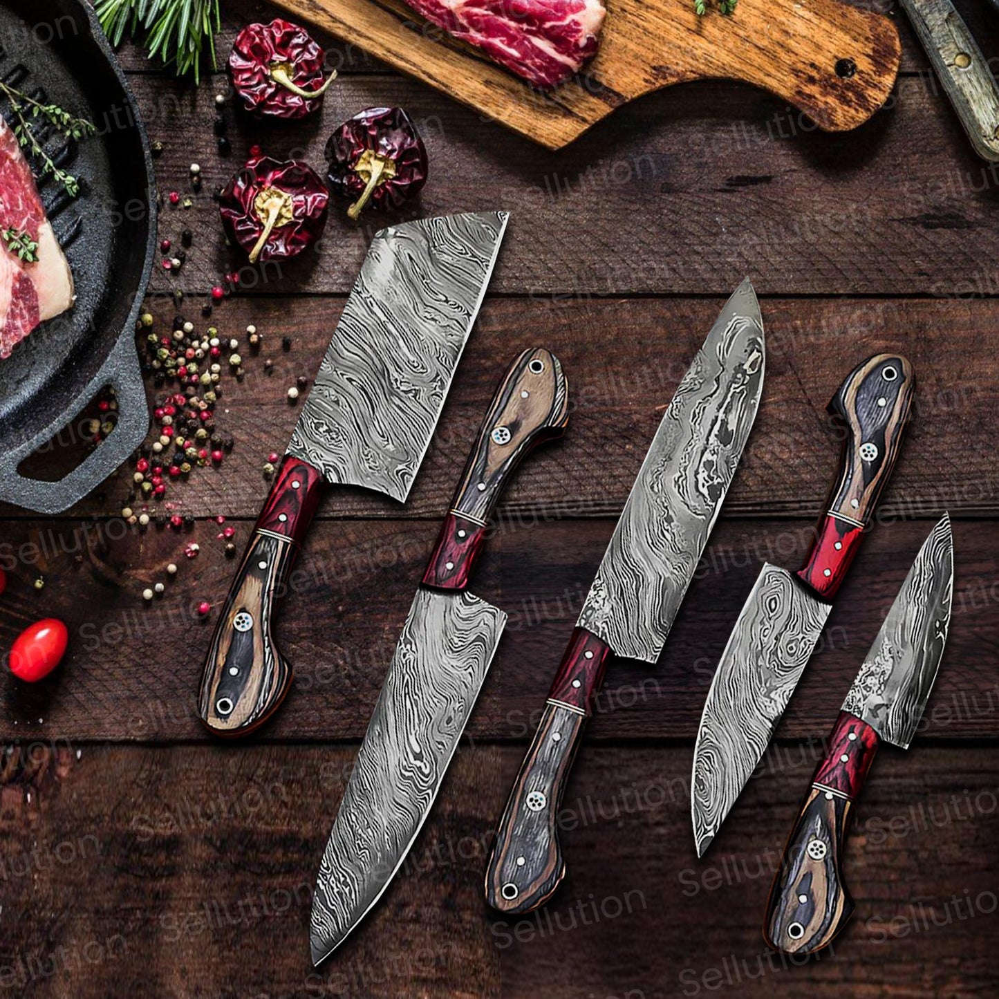 Hand Forged Damascus Steel Chef Set Listing